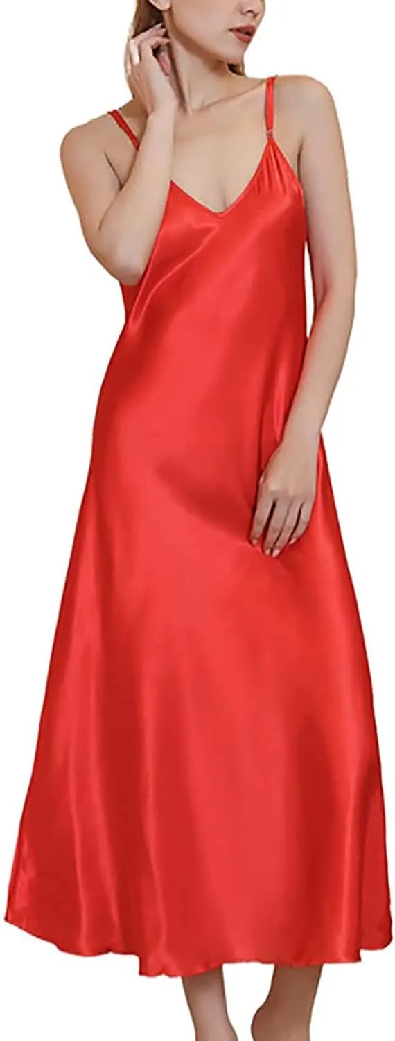 Womens Satin Nightgown Silk Slip Dress Sleepwear Sexy V Neck Negligee Lingerie Long Nightwear