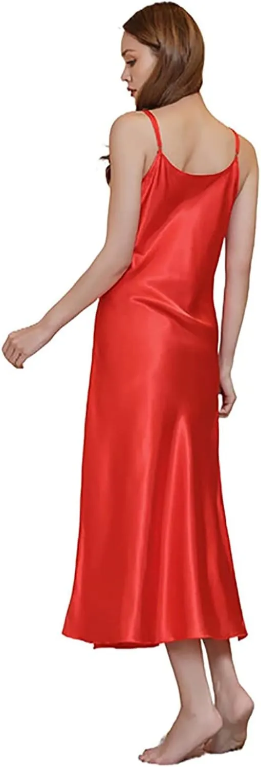 Womens Satin Nightgown Silk Slip Dress Sleepwear Sexy V Neck Negligee Lingerie Long Nightwear