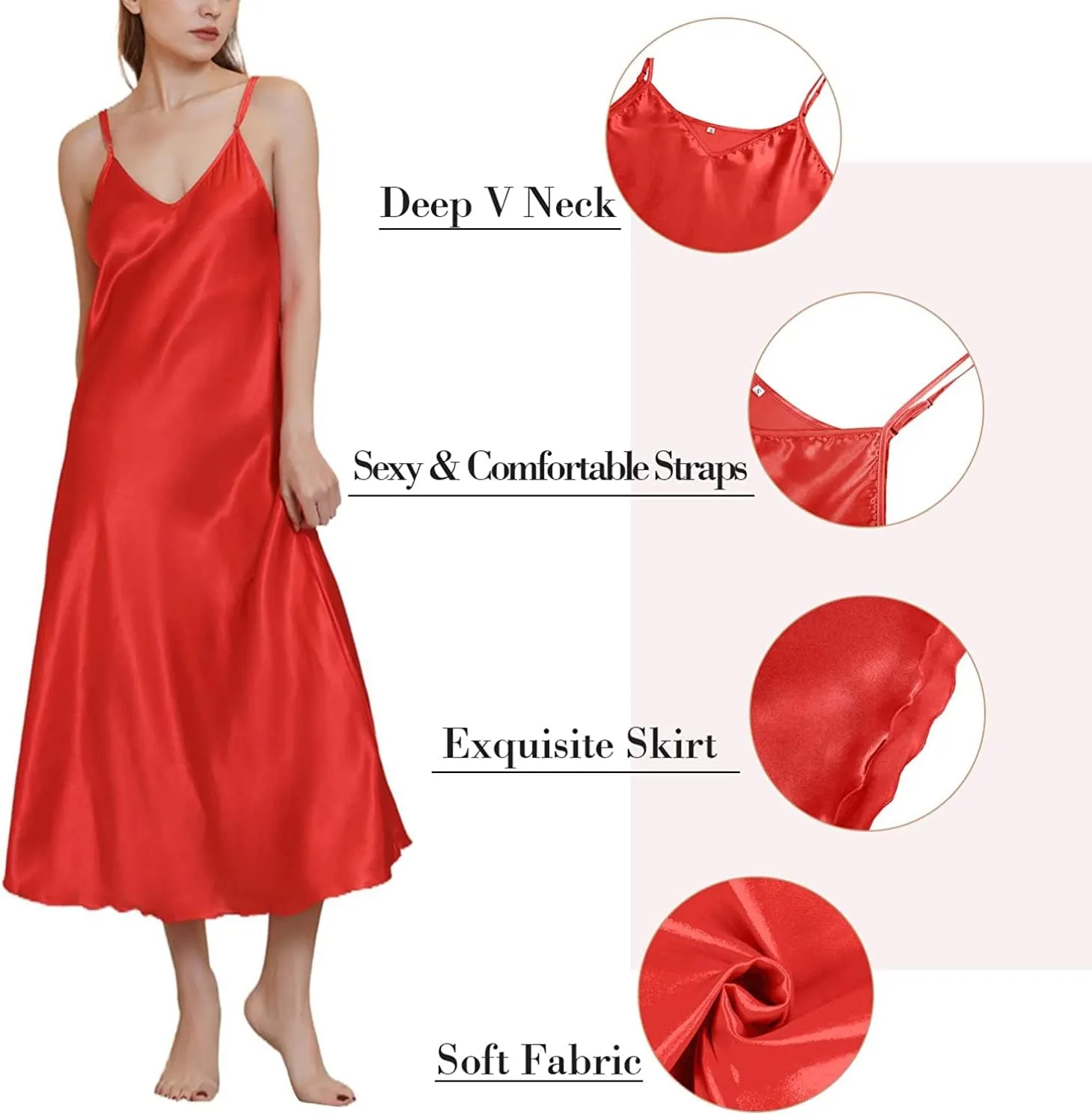 Womens Satin Nightgown Silk Slip Dress Sleepwear Sexy V Neck Negligee Lingerie Long Nightwear