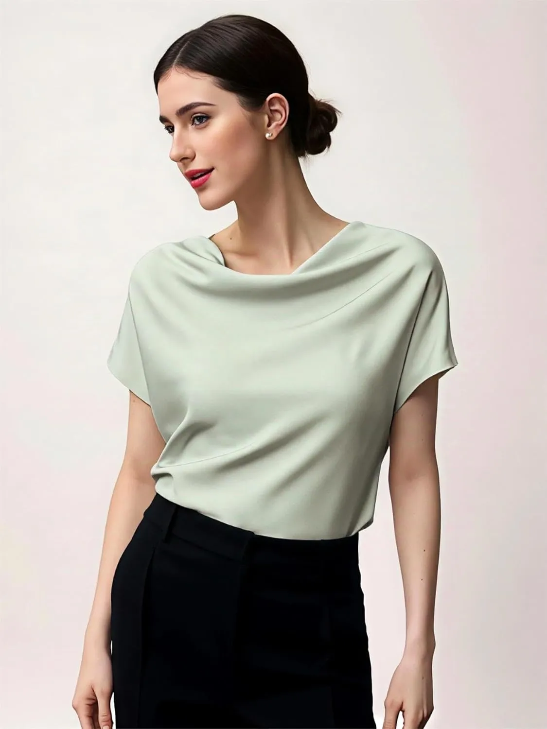 Women's Silk Satin Cowl Neck Short Sleeve Top, Elegant Dressy Casual Summer Blouse Shirt Solid T-Shirt