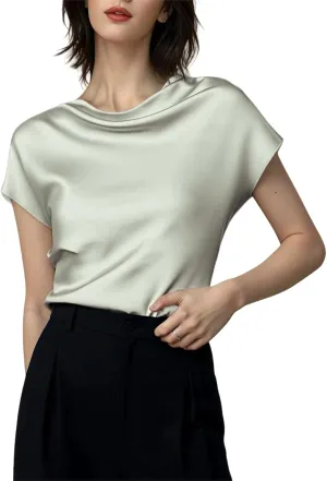 Women's Silk Satin Cowl Neck Short Sleeve Top, Elegant Dressy Casual Summer Blouse Shirt Solid T-Shirt