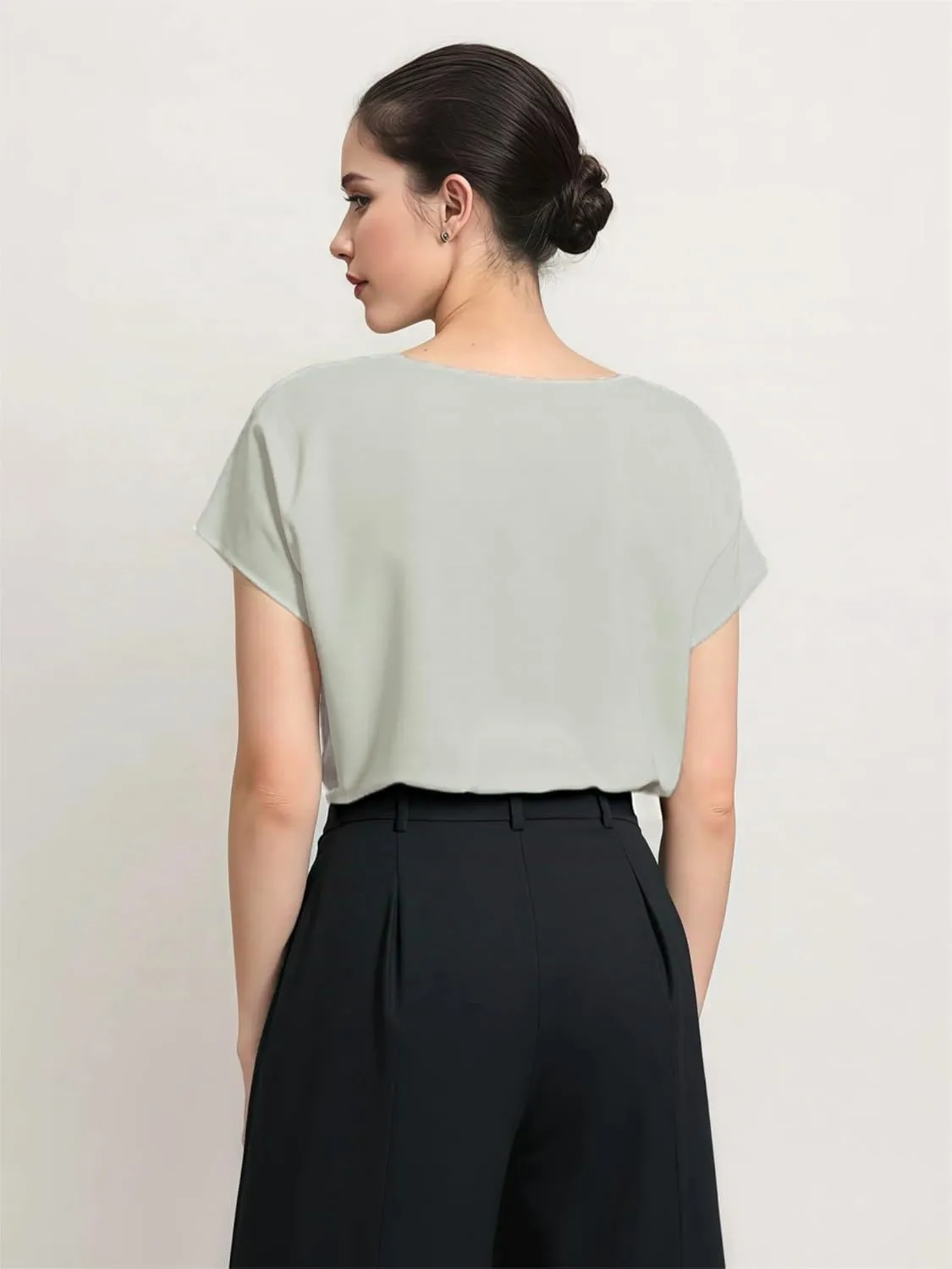 Women's Silk Satin Cowl Neck Short Sleeve Top, Elegant Dressy Casual Summer Blouse Shirt Solid T-Shirt
