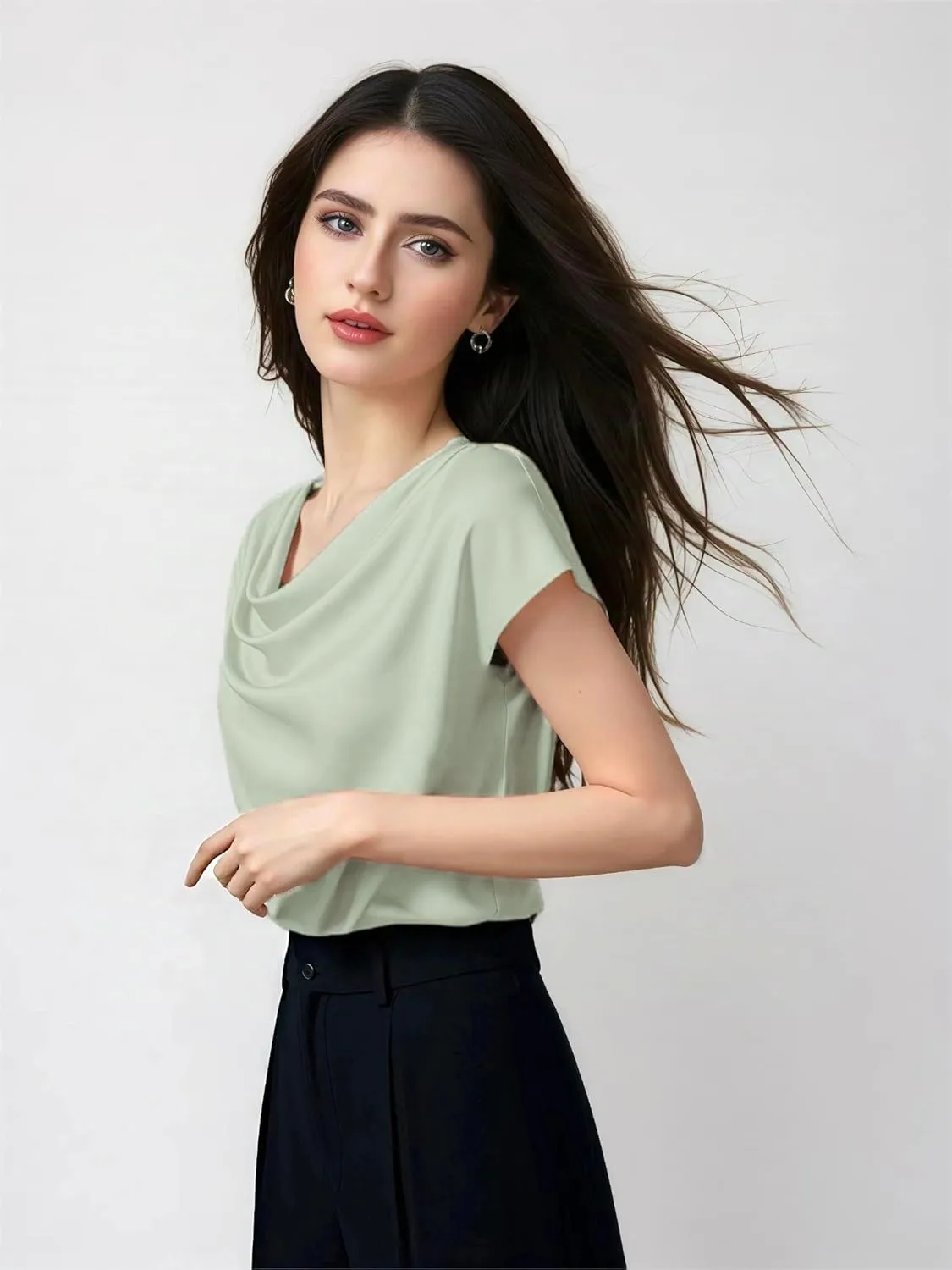 Women's Silk Satin Cowl Neck Short Sleeve Top, Elegant Dressy Casual Summer Blouse Shirt Solid T-Shirt