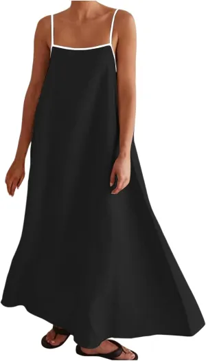 Women's Spaghetti Straps Maxi Dress Color Block Contrast Trim Dresses Summer Outfits Cotton Linen Sleeveless Long Dresses