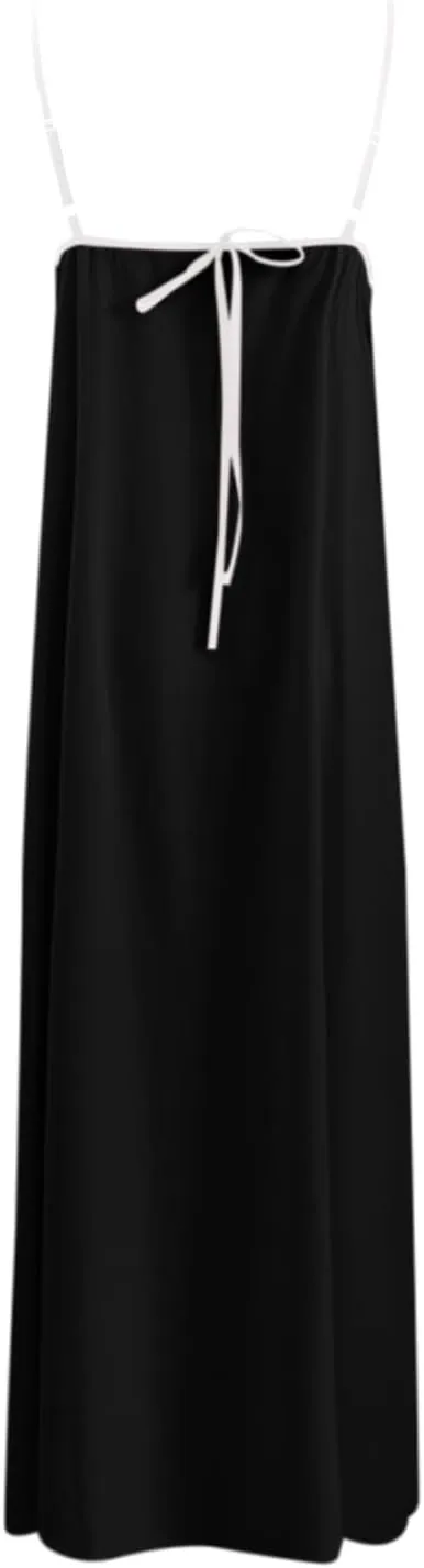 Women's Spaghetti Straps Maxi Dress Color Block Contrast Trim Dresses Summer Outfits Cotton Linen Sleeveless Long Dresses