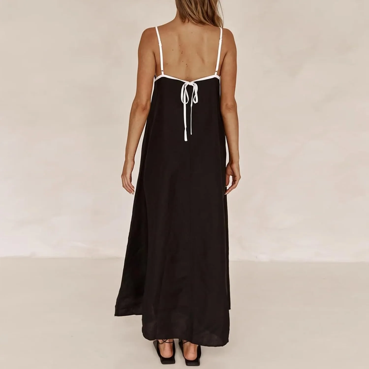 Women's Spaghetti Straps Maxi Dress Color Block Contrast Trim Dresses Summer Outfits Cotton Linen Sleeveless Long Dresses