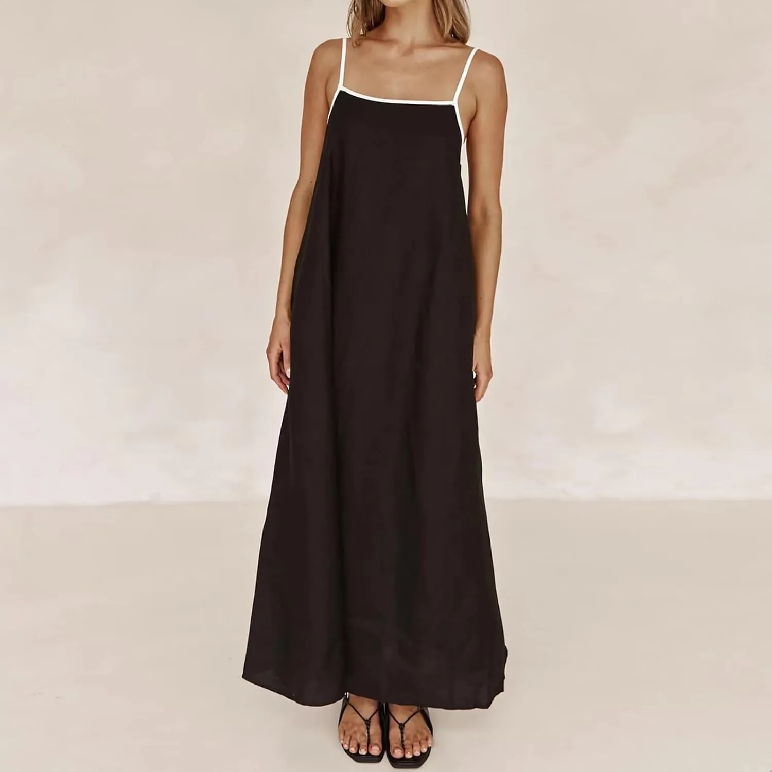 Women's Spaghetti Straps Maxi Dress Color Block Contrast Trim Dresses Summer Outfits Cotton Linen Sleeveless Long Dresses