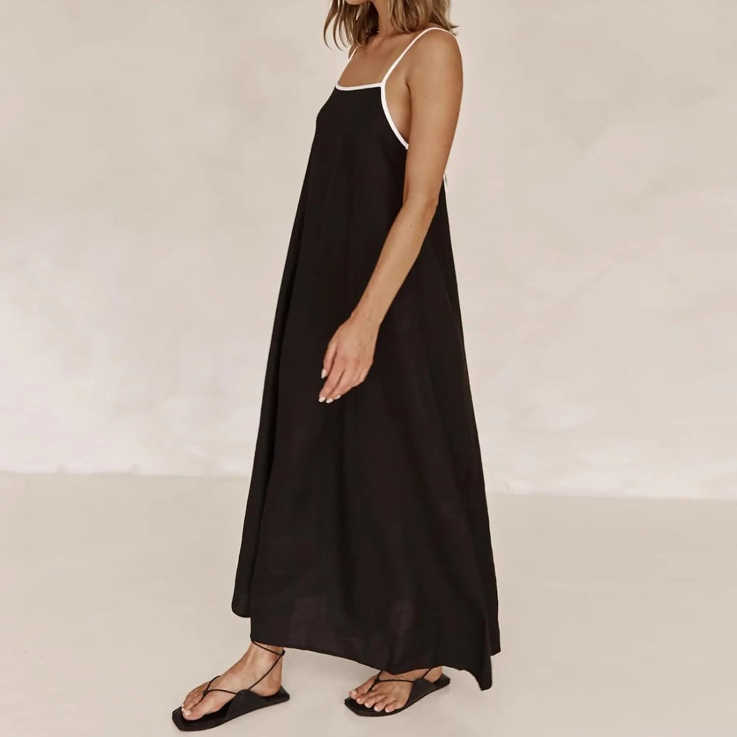 Women's Spaghetti Straps Maxi Dress Color Block Contrast Trim Dresses Summer Outfits Cotton Linen Sleeveless Long Dresses