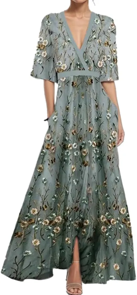 Womens Spring Floral Printed Maxi Dress 2025 Elegant V Neck Belted Summer Wedding Prom Cocktail Beach Dresses