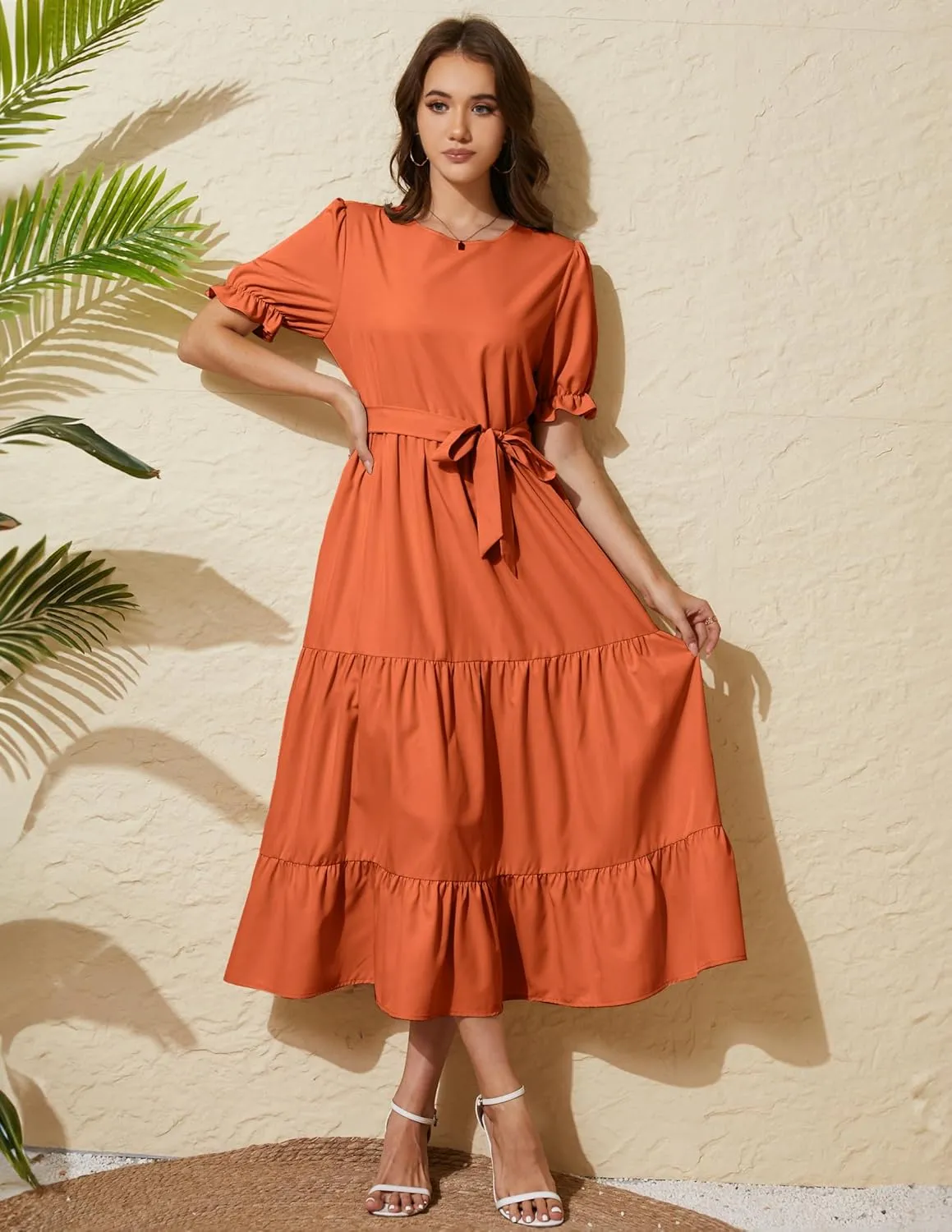 Women's Tiered Midi Dress with Tie Waist Flowy Summer Casual Short Sleeve Boho Swing Dress with Pocket
