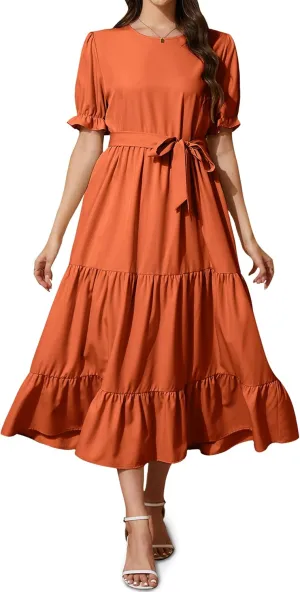 Women's Tiered Midi Dress with Tie Waist Flowy Summer Casual Short Sleeve Boho Swing Dress with Pocket