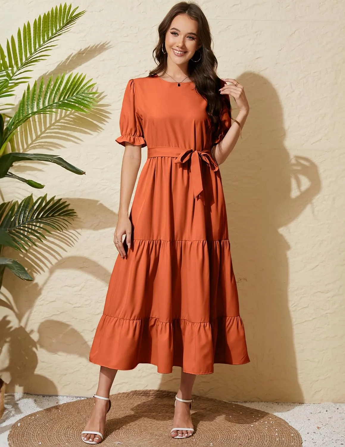 Women's Tiered Midi Dress with Tie Waist Flowy Summer Casual Short Sleeve Boho Swing Dress with Pocket