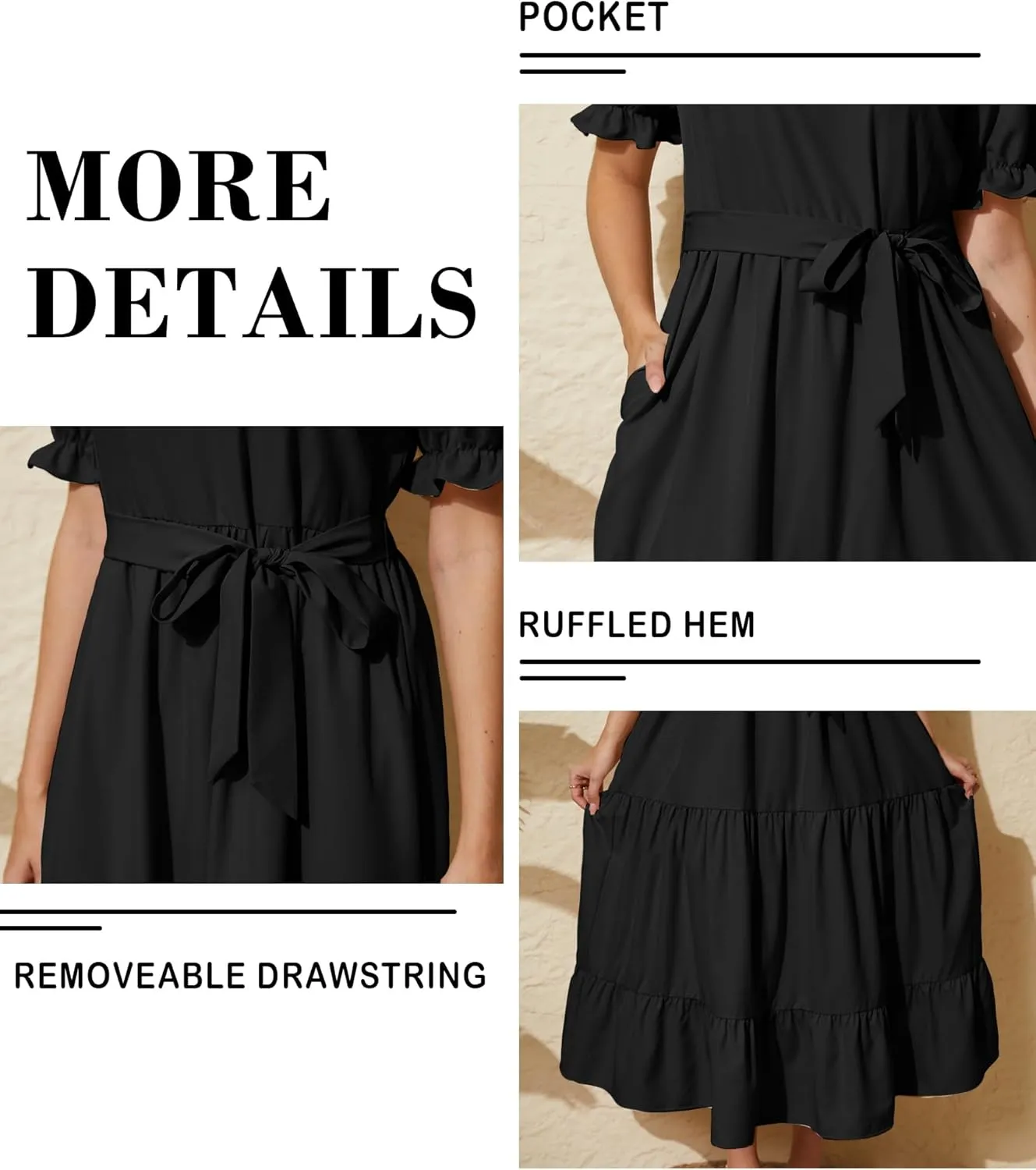 Women's Tiered Midi Dress with Tie Waist Flowy Summer Casual Short Sleeve Boho Swing Dress with Pocket