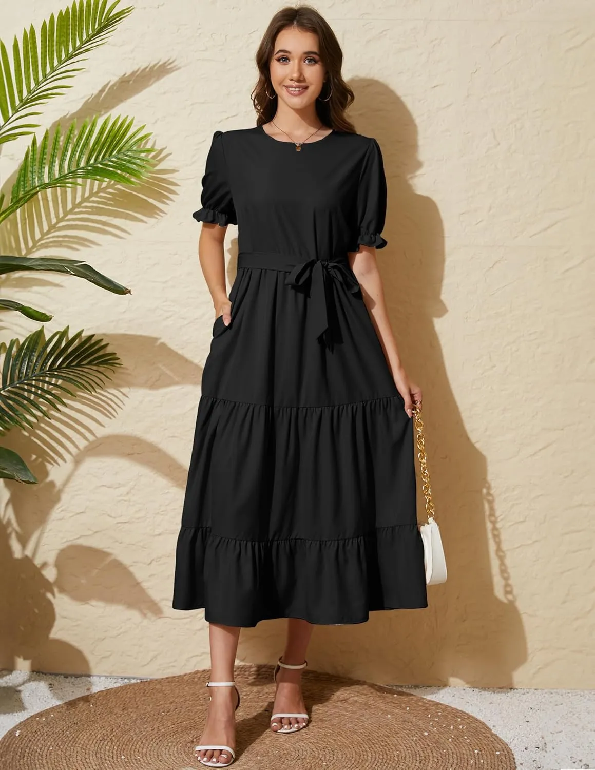 Women's Tiered Midi Dress with Tie Waist Flowy Summer Casual Short Sleeve Boho Swing Dress with Pocket