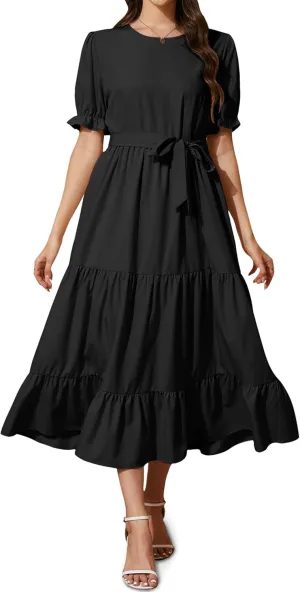 Women's Tiered Midi Dress with Tie Waist Flowy Summer Casual Short Sleeve Boho Swing Dress with Pocket