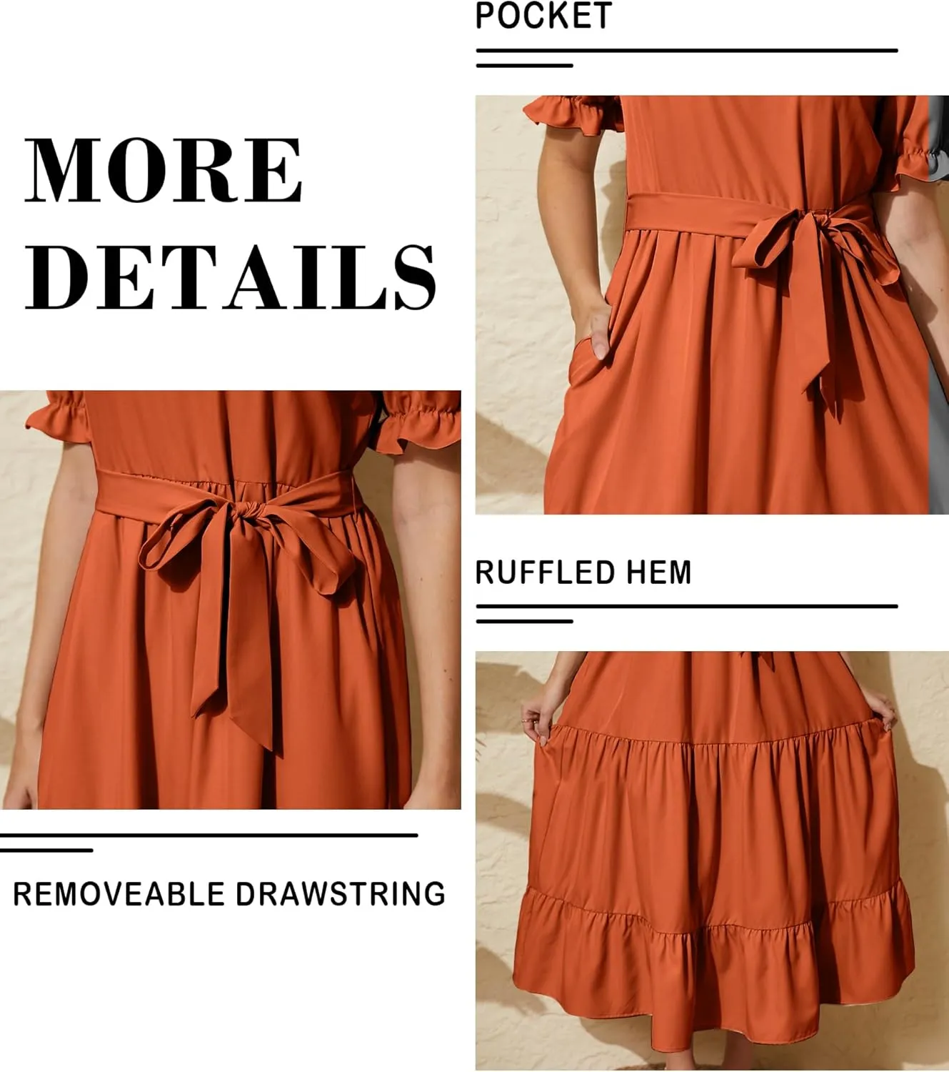 Women's Tiered Midi Dress with Tie Waist Flowy Summer Casual Short Sleeve Boho Swing Dress with Pocket