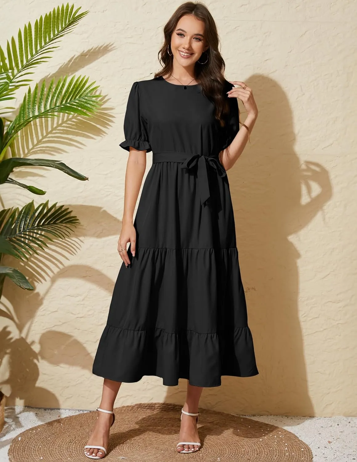 Women's Tiered Midi Dress with Tie Waist Flowy Summer Casual Short Sleeve Boho Swing Dress with Pocket