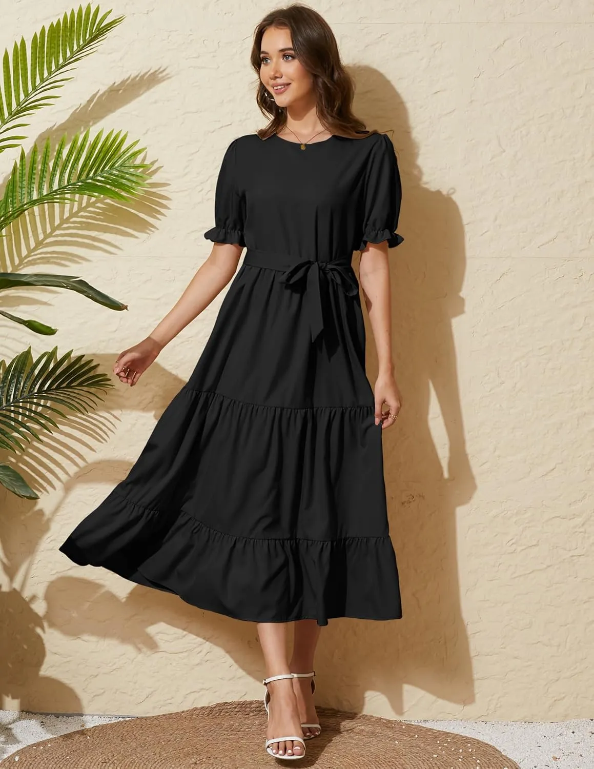 Women's Tiered Midi Dress with Tie Waist Flowy Summer Casual Short Sleeve Boho Swing Dress with Pocket