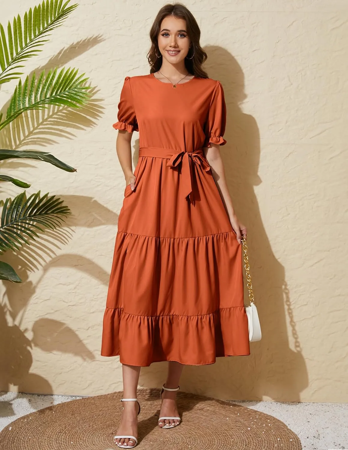 Women's Tiered Midi Dress with Tie Waist Flowy Summer Casual Short Sleeve Boho Swing Dress with Pocket