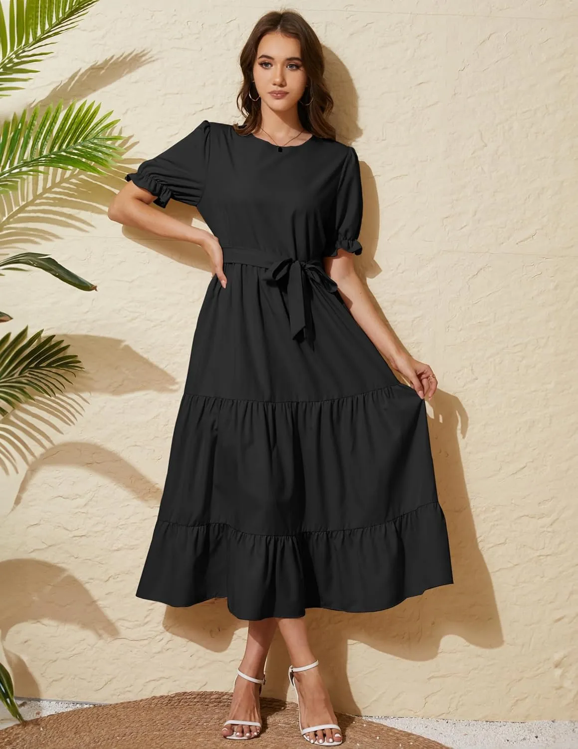 Women's Tiered Midi Dress with Tie Waist Flowy Summer Casual Short Sleeve Boho Swing Dress with Pocket