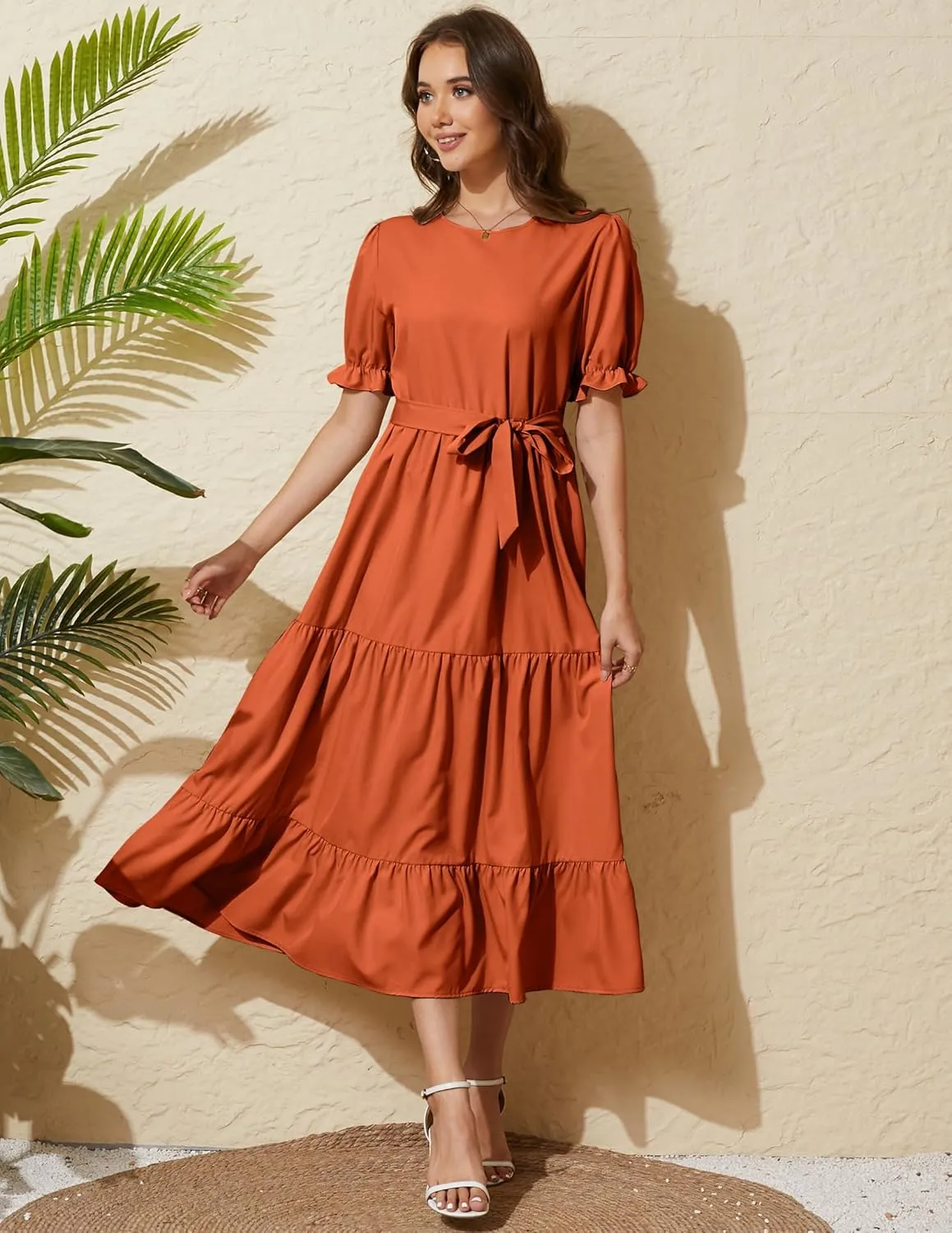 Women's Tiered Midi Dress with Tie Waist Flowy Summer Casual Short Sleeve Boho Swing Dress with Pocket