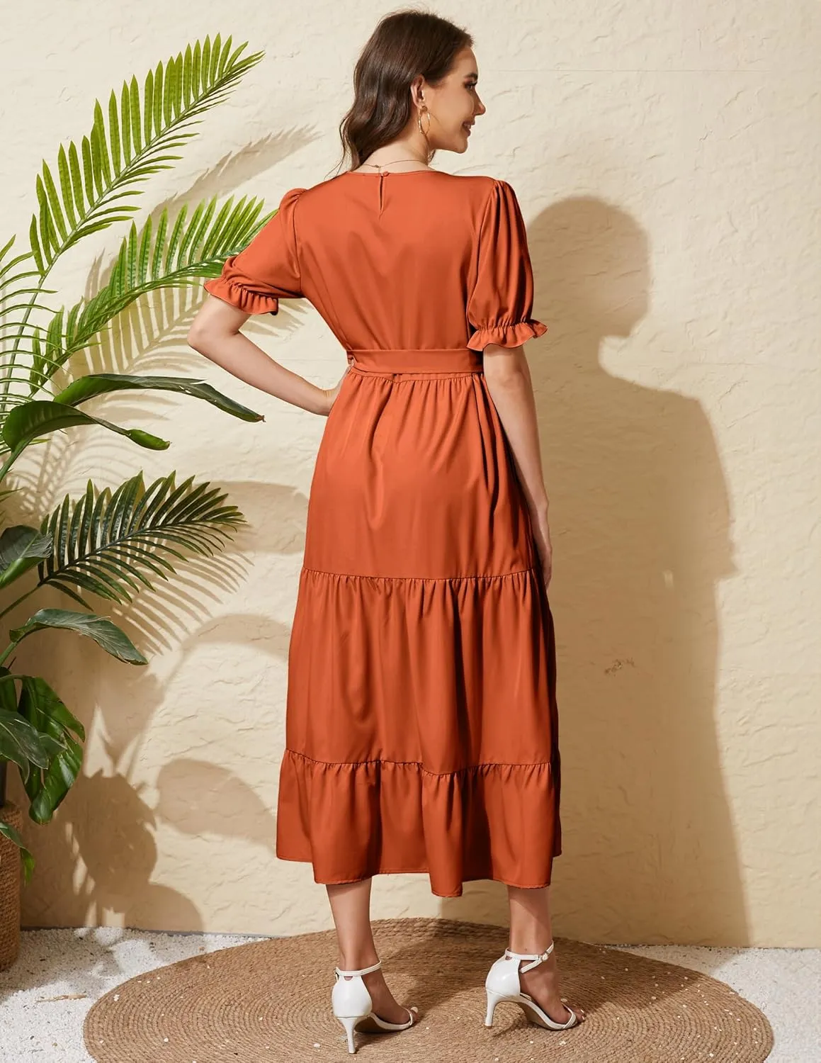 Women's Tiered Midi Dress with Tie Waist Flowy Summer Casual Short Sleeve Boho Swing Dress with Pocket