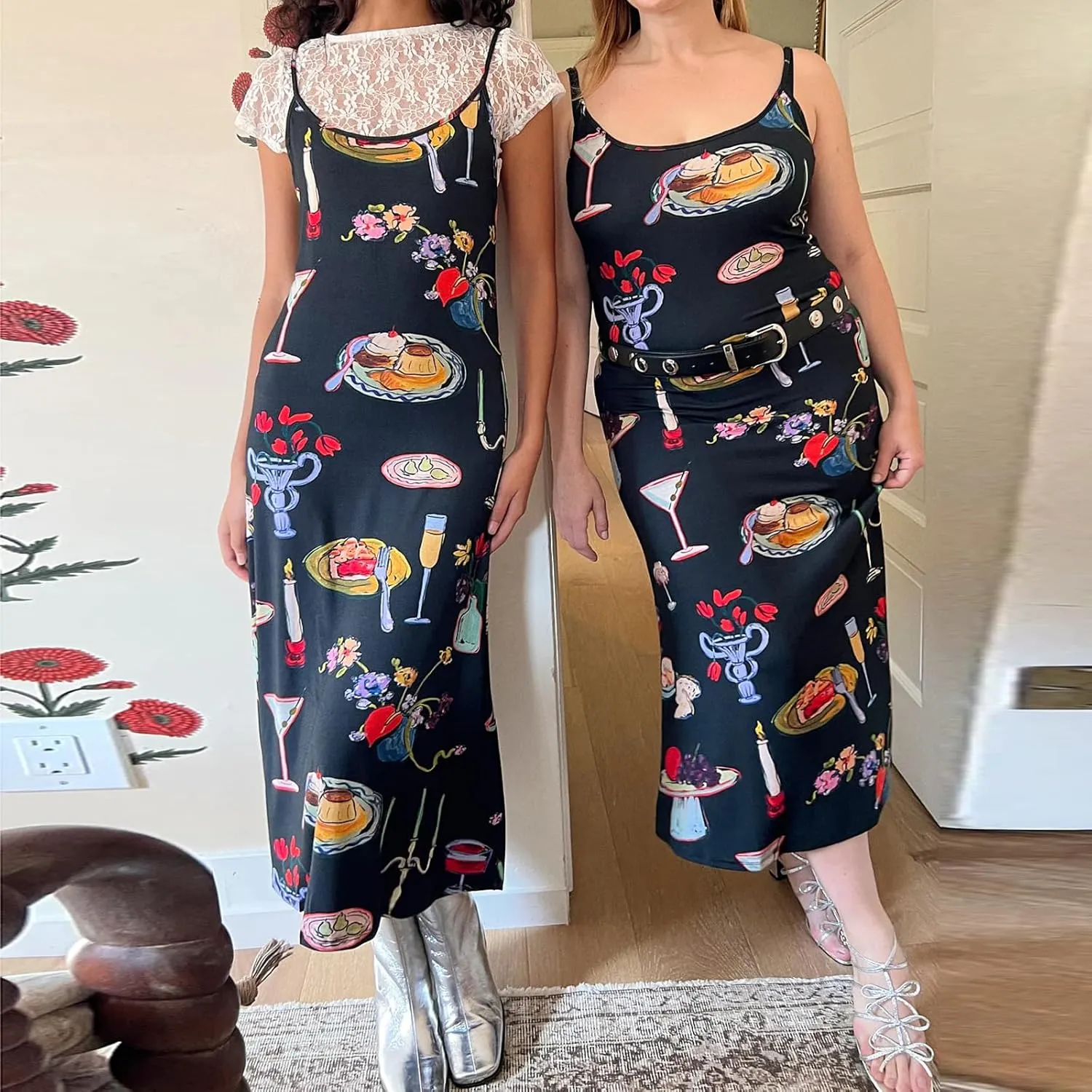 Womens Vintage Floral Slip Dress Spaghetti Strap Backless Flowy Long Dress Slim Fit Retro Cami Maxi Dress