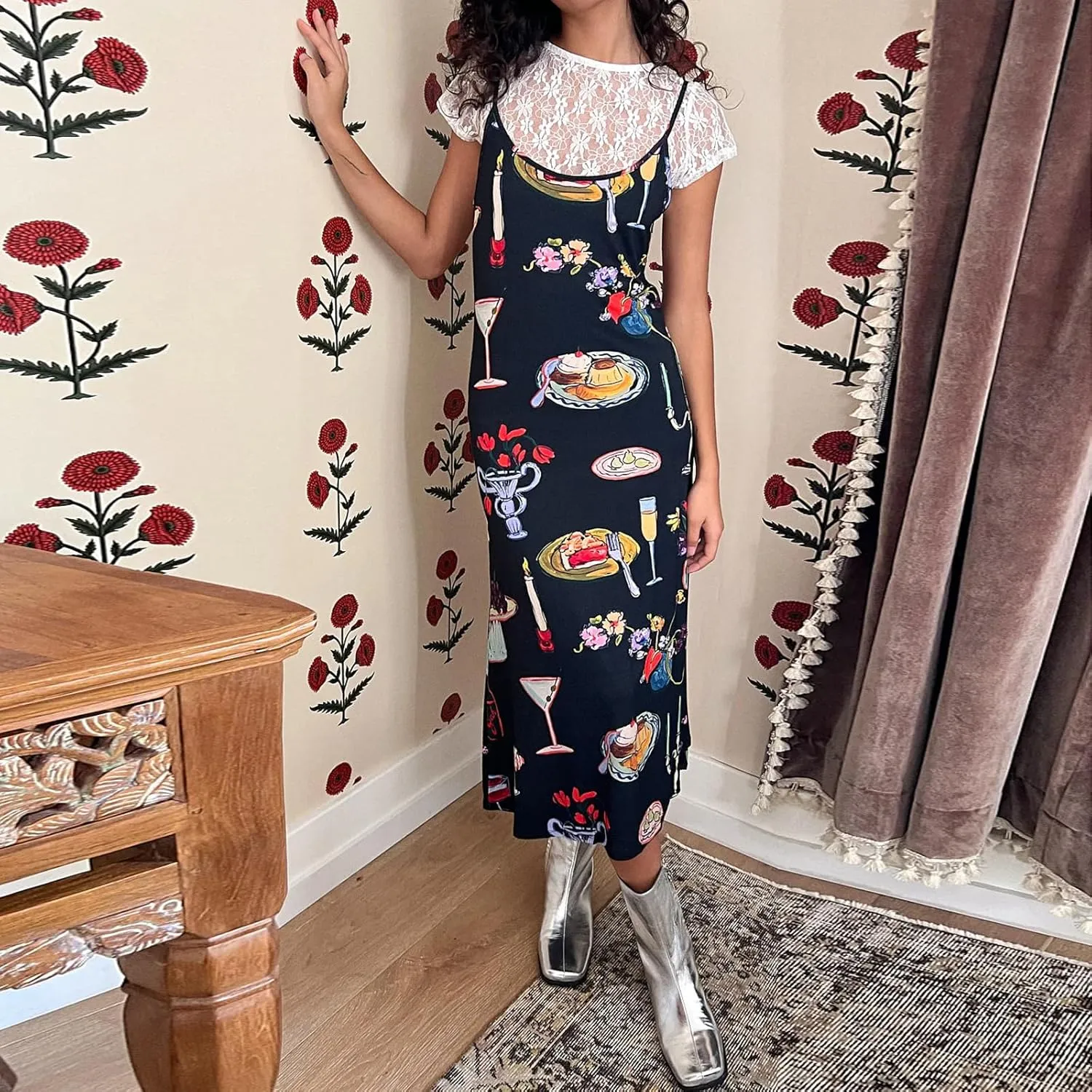 Womens Vintage Floral Slip Dress Spaghetti Strap Backless Flowy Long Dress Slim Fit Retro Cami Maxi Dress