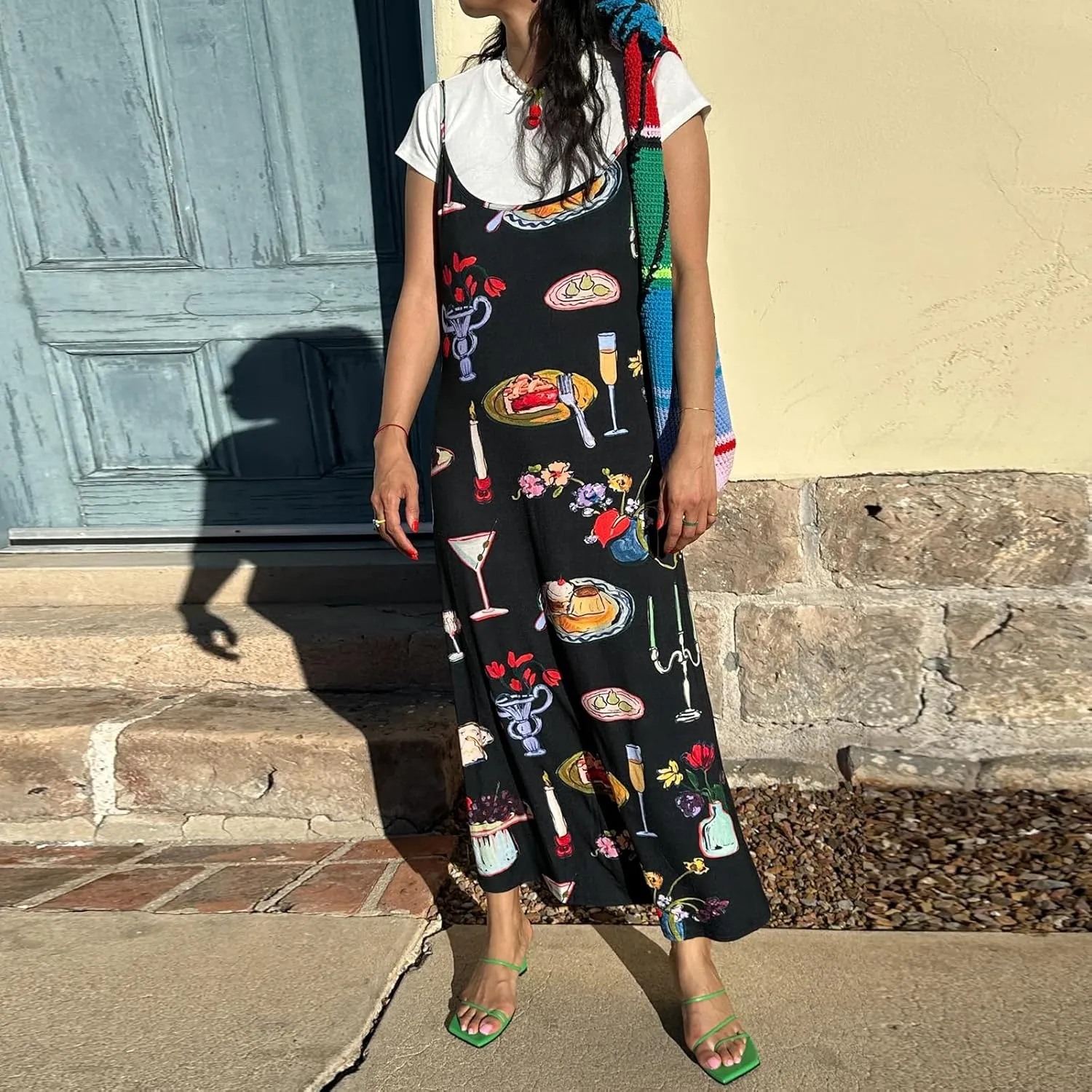 Womens Vintage Floral Slip Dress Spaghetti Strap Backless Flowy Long Dress Slim Fit Retro Cami Maxi Dress