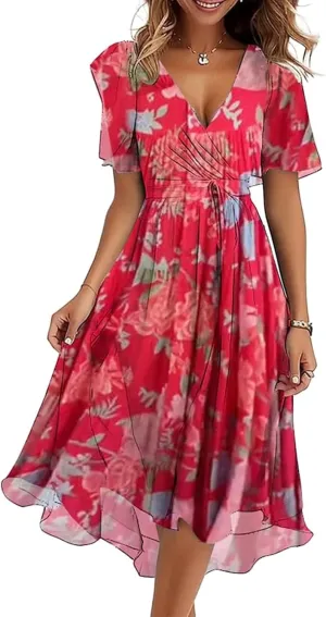 ZKXYFFS Womens Boho Floral Printed Chiffon Dresses Elegant V Neck Belted Spring Summer Wedding Guest Prom Cocktail Midi Dress