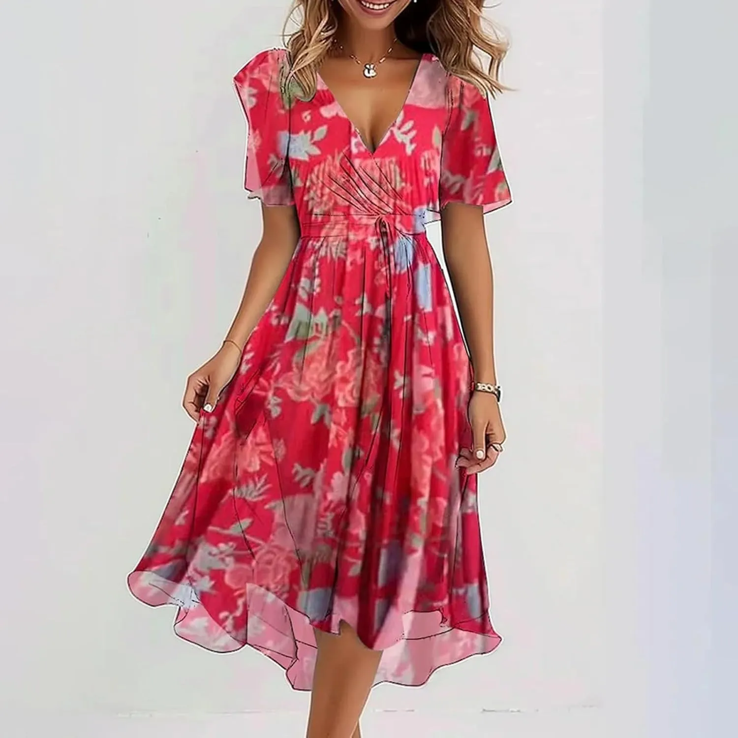 ZKXYFFS Womens Boho Floral Printed Chiffon Dresses Elegant V Neck Belted Spring Summer Wedding Guest Prom Cocktail Midi Dress