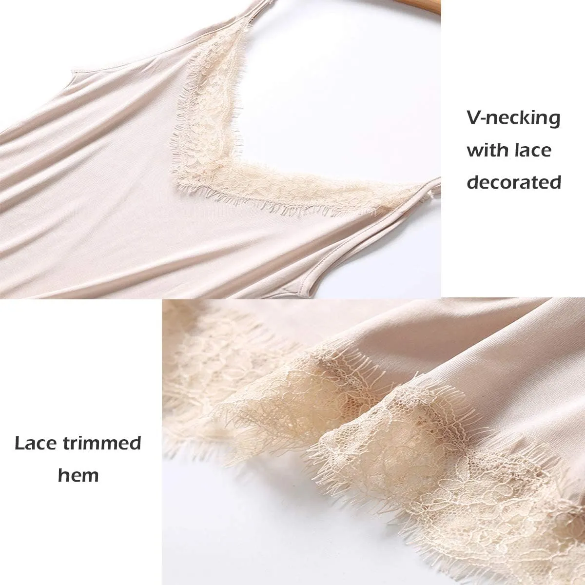 Zylioo Women's Mulberry Silk Lace Full Slips V-Neck Camisole Mini Under Dress Adjustable Spaghetti Strap Lingerie