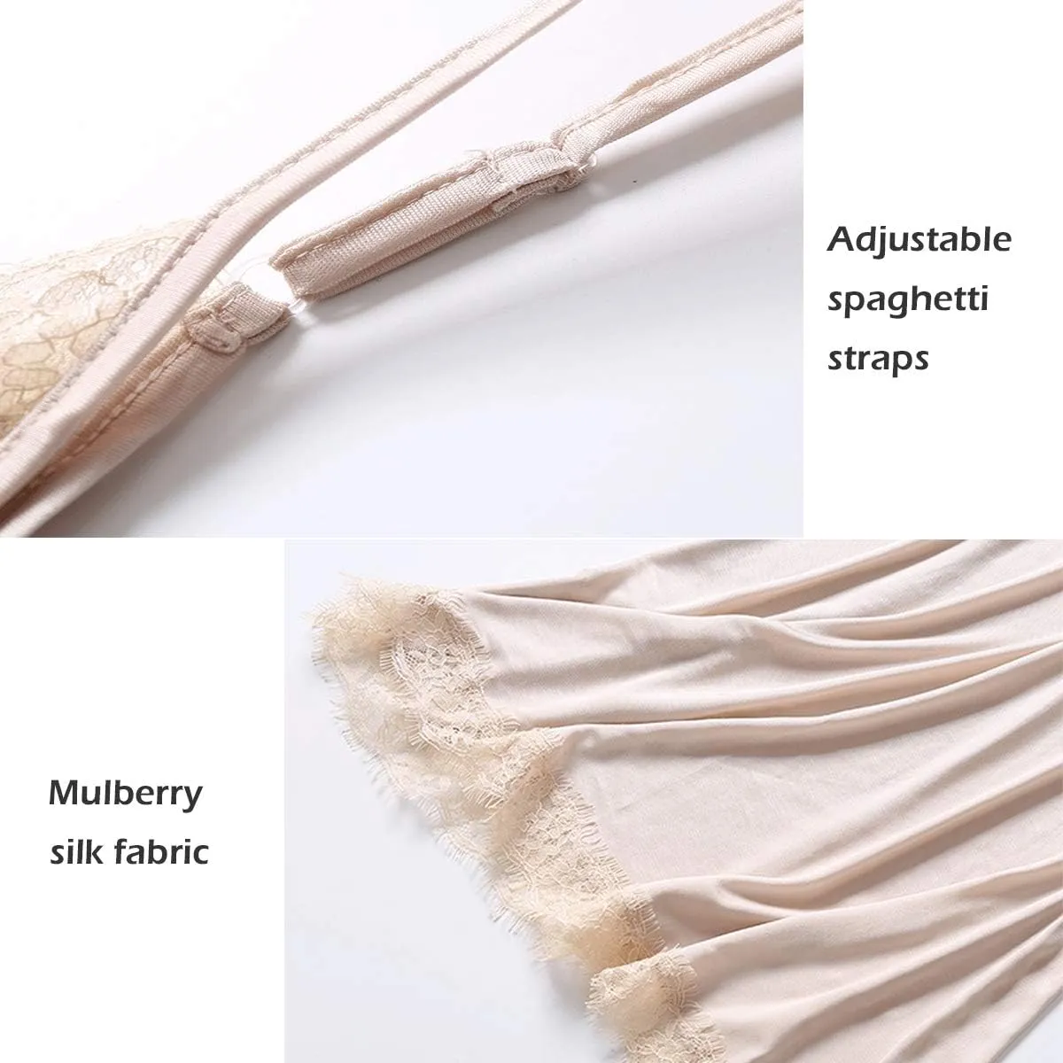 Zylioo Women's Mulberry Silk Lace Full Slips V-Neck Camisole Mini Under Dress Adjustable Spaghetti Strap Lingerie